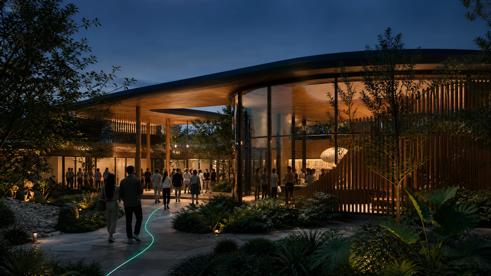 Guests following a subtle digital guidance path into a warm community gathering space